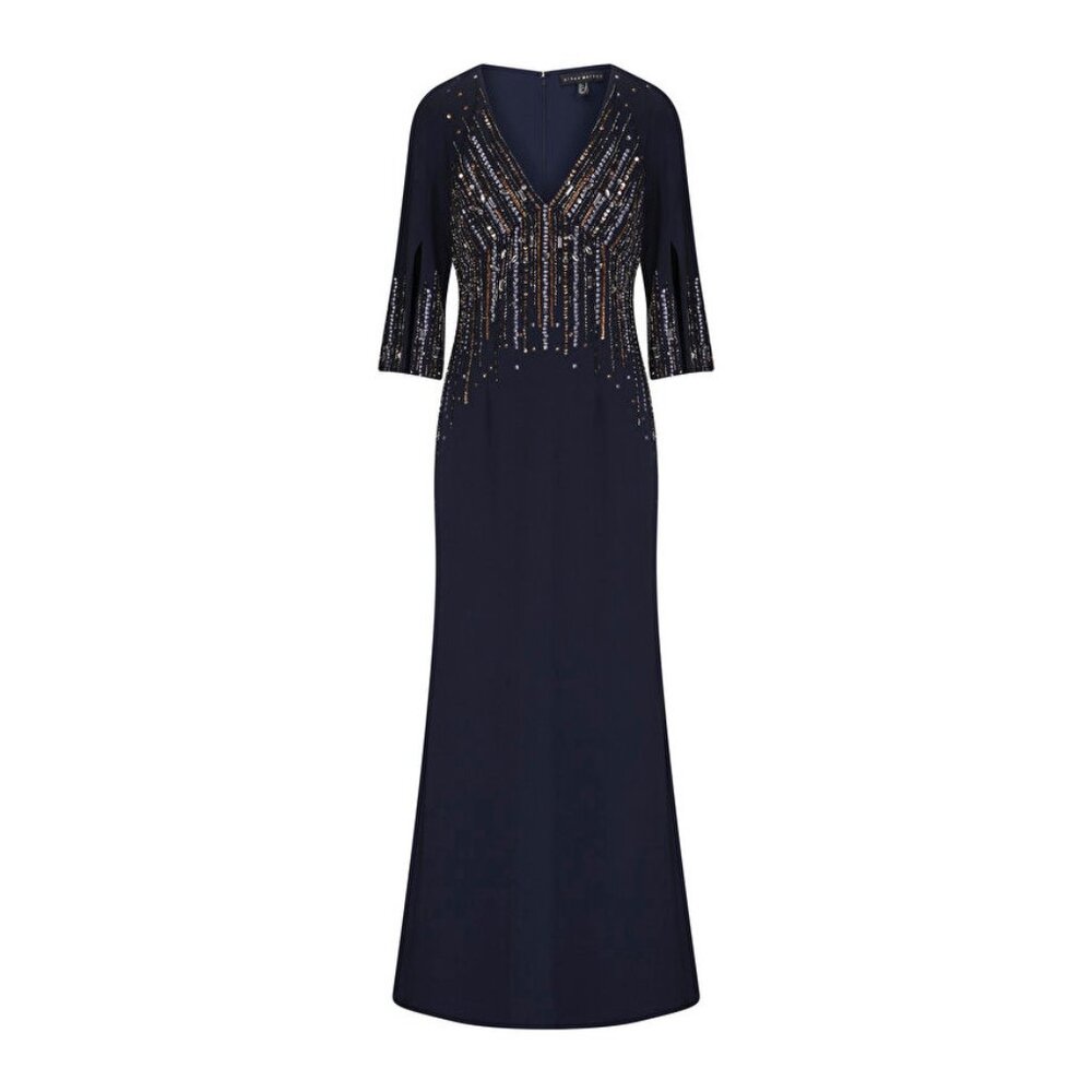 NWOT Aidan Mattox Womens Size 6 Navy Blue Beaded Crepe Maxi Dress Gown NEW